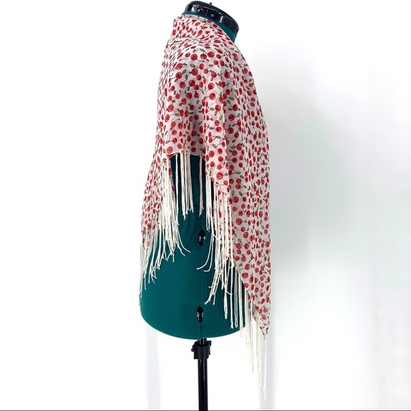 Square Fringed Scarf with All Over Cherry Pattern - Picture 4 of 12